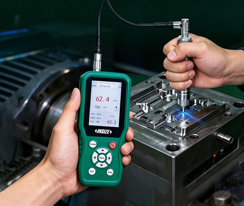 Durómetro portátil INSIZE midiendo dureza en una pieza industrial