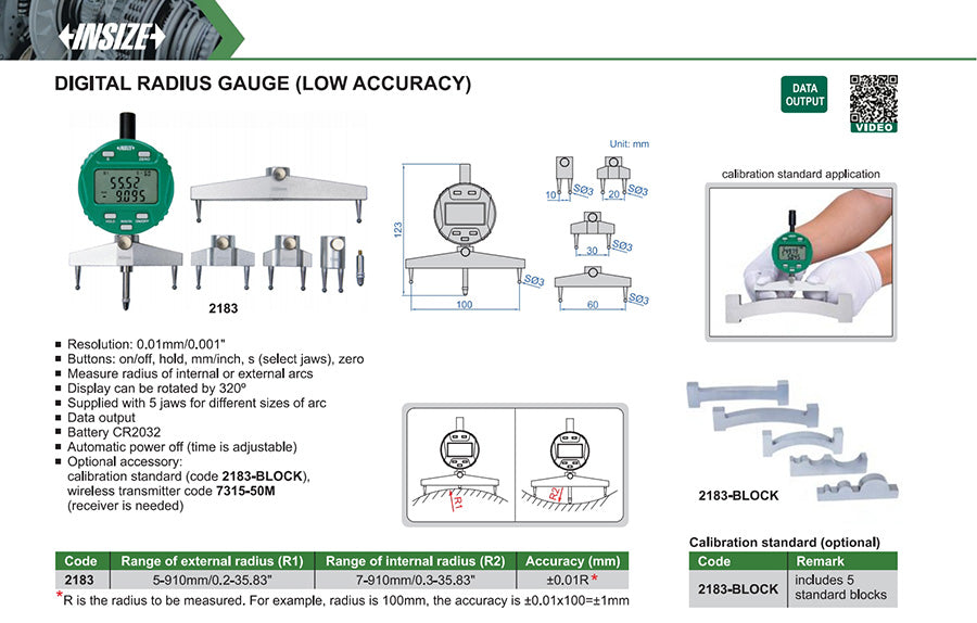 Ficha técnica: Medidor de radio digital R5-910mm (0.01mm) INSIZE 2183