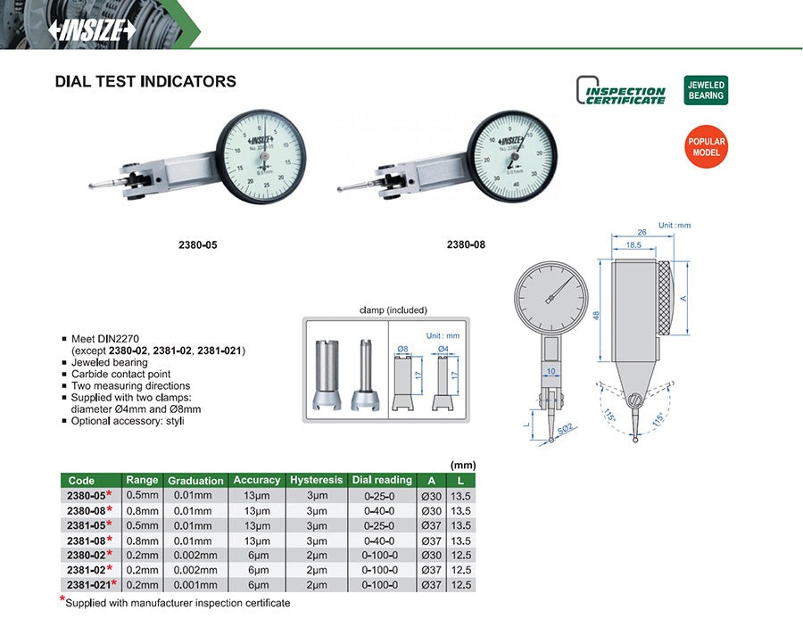 Ficha técnica: Reloj palpador 0-0.8×0.01mm INSIZE (VDI-0.8A) INSIZE 2380-08