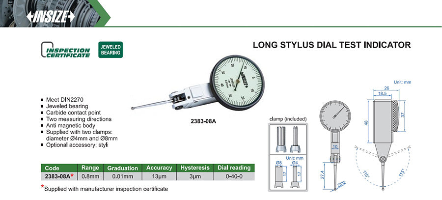 Ficha técnica: Reloj palpador 0-0.8x0.01mm (punta larga) INSIZE 2383-08A