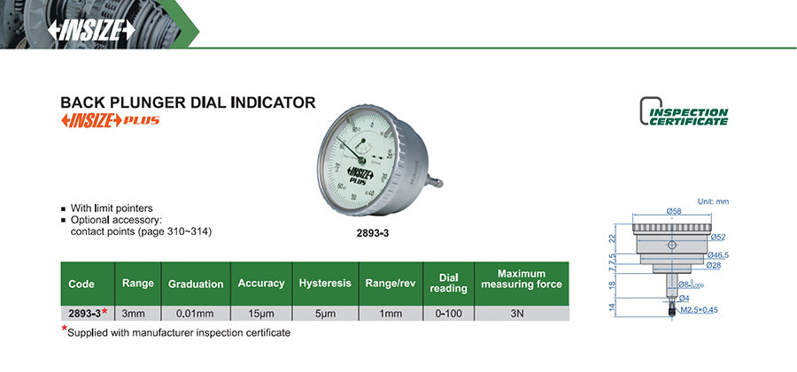 Ficha técnica: Reloj comparador de émbolo trasero 3mm (0.01mm) INSIZE 2893-3
