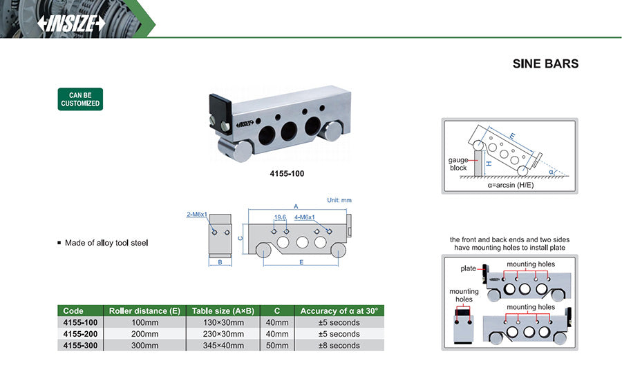 Ficha técnica: Regla seno (sine bar) 200mm INSIZE 4155-200