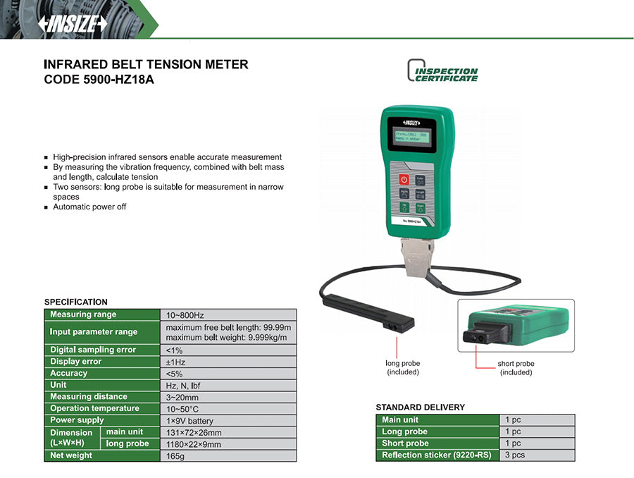 Ficha técnica: Medidor infrarrojo de tensión de correa 10~800Hz 1Hz INSIZE 5900-HZ18A