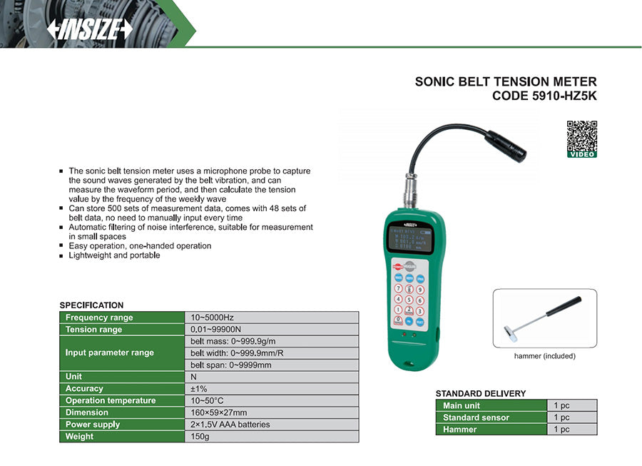 Ficha técnica: Medidor sónico de tensión de correa 10~5000Hz INSIZE 5910-HZ5K