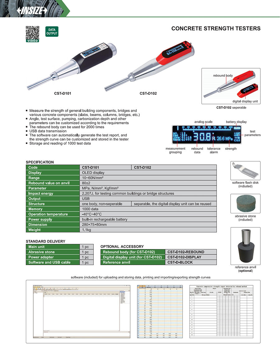 Ficha técnica: Esclerómetro para concreto, cuerpo único 10~60MPa INSIZE CST-D101