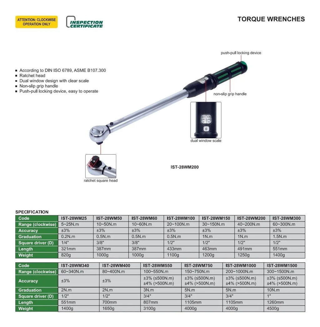 Llave de Torque Mecánica 20–100 N.m INSIZE IST-28WM100