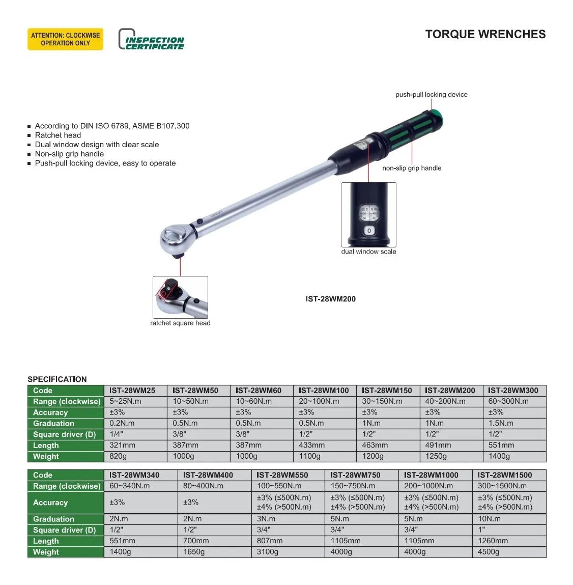 Llave de Torque Mecánica 20–100 N.m INSIZE IST-28WM100