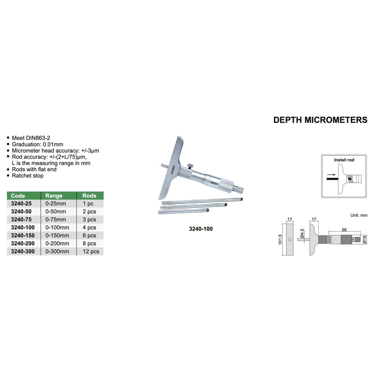 Micrometro de profundidad 0-300mm INSIZE 3240-300