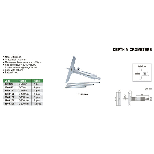 Micrometro de profundidad 0-300mm INSIZE 3240-300