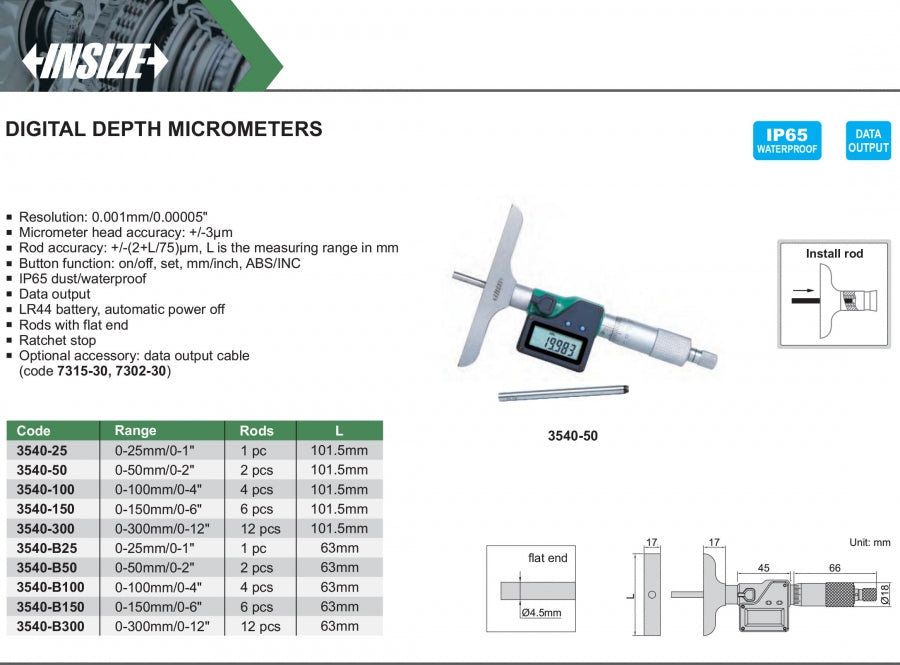 Micrometro digital de profundidad 0-150mm INSIZE 3540-B150