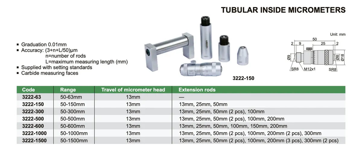 Micrometro interior tubo 50-1500mm INSIZE 3222-1500