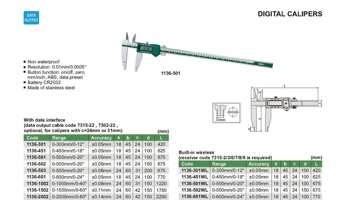 Pie de metro digital 12X300 P/100mm pata doble INSIZE 1136-301