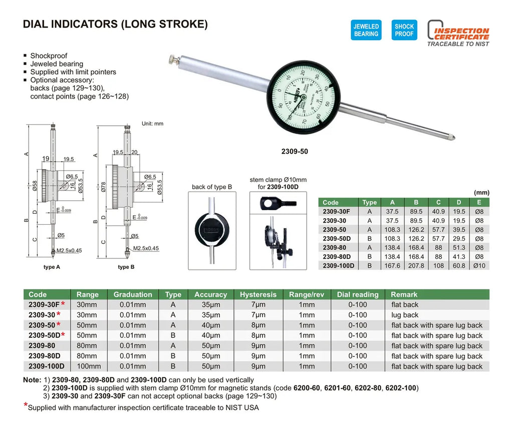 Reloj comparador analogo 0-80mm (0,01mm) INSIZE 2309-80
