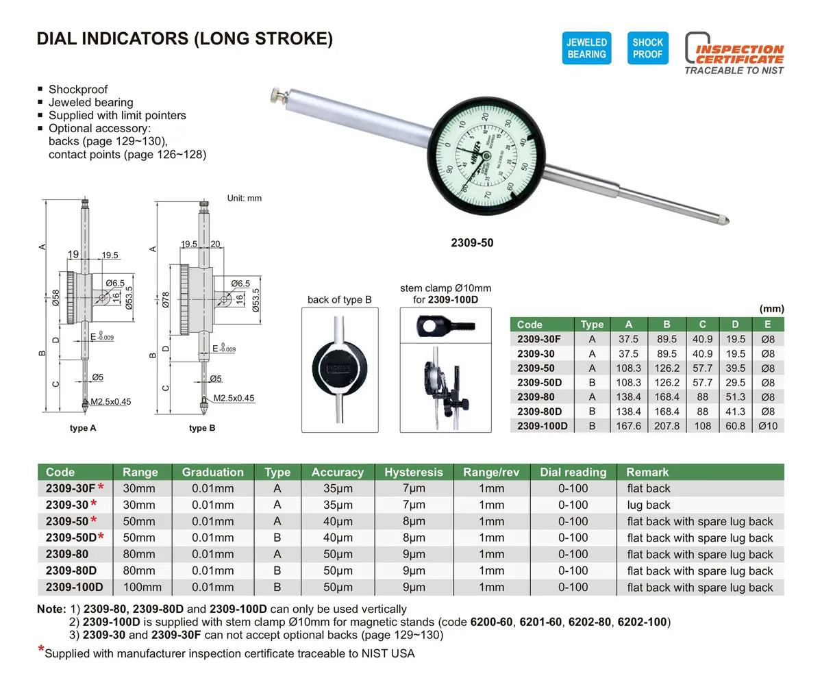 Reloj comparador analogo 0-80mm (0,01mm) INSIZE 2309-80
