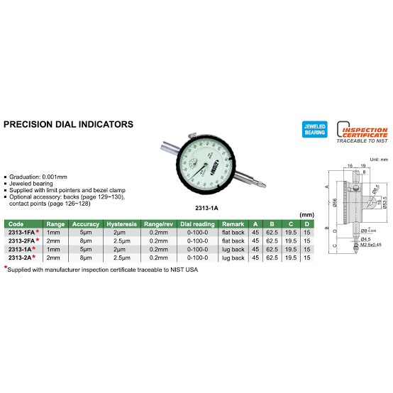 Reloj comparador respaldo plano 1mm INSIZE 2313-1FA