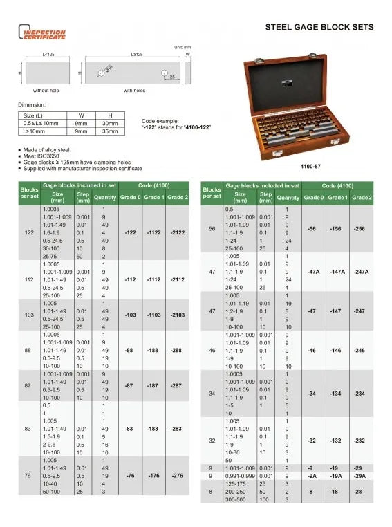 Set de Bloques Calibrador de Acero Grado 0 - 56PCS